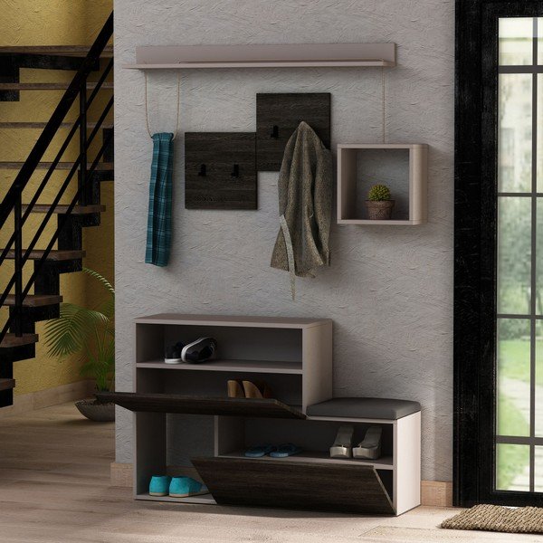 Set di scarpiere grigio scuro / panca e scaffale a muro con ripiano Holdon - Homitis-image-2