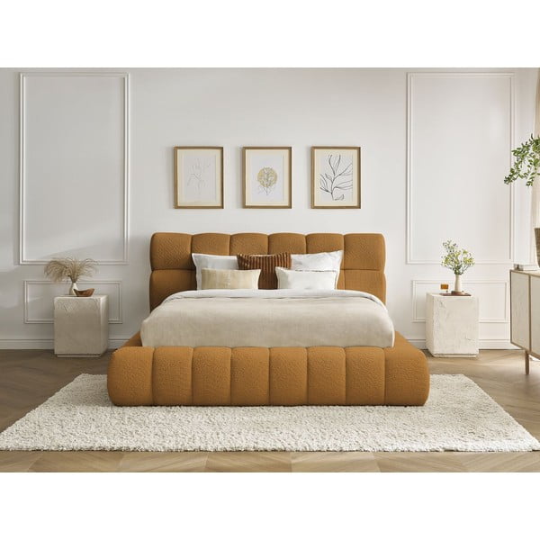 Letto matrimoniale imbottito color senape contenitore e rete inclusi 160x200 cm Mont Blanc - Bobochic Paris-image-1