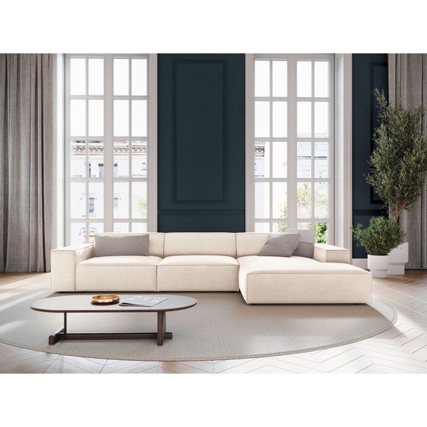 Divano angolare componibile color crema (con penisola a destra/con chaise lounge) con rivestimento in velluto Jodie – Micadoni -image-1