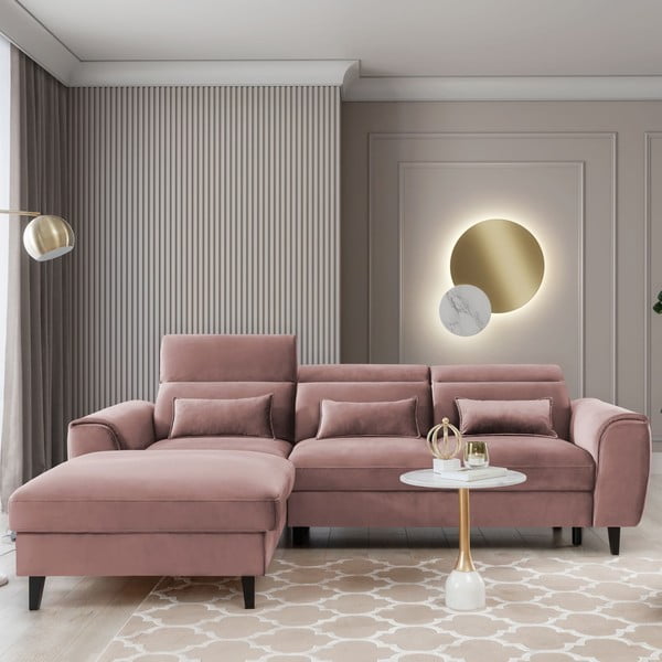 Divano angolare rosa allungabile/con contenitore (con penisola a sinistra/con chaise lounge) e rivestimento in velluto Foble – ELTAP-image-1