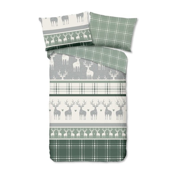 Biancheria da letto in flanella verde e crema per letto singolo 140x200 cm Bjirk - Good Morning