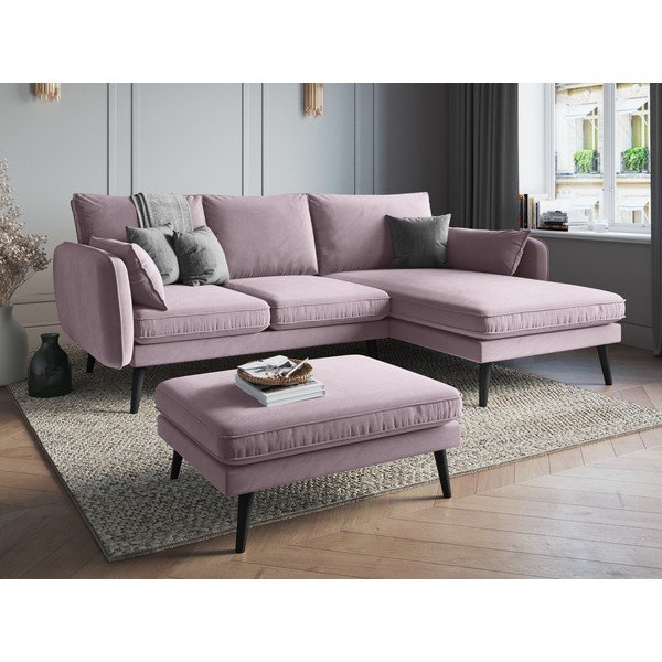Divano angolare in velluto rosa chiaro con gambe nere, angolo destro Lento - Kooko Home-image-1