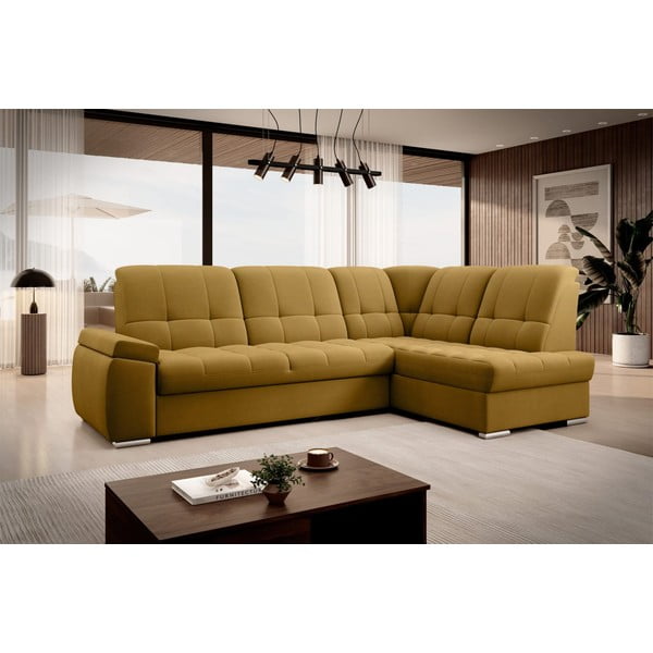 Divano angolare giallo allungabile/con contenitore (con penisola a destra/a L) e rivestimento in velluto Sado – ELTAP-image-4