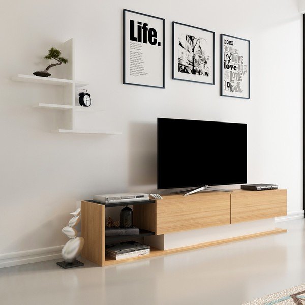 Televisore bianco/naturale in legno esotico 180x40 cm Liza - Kalune Design-image-4