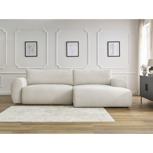 Divano angolare color crema allungabile (con penisola a destra) con rivestimento in velluto a coste Lucien – Bobochic Paris-image-1