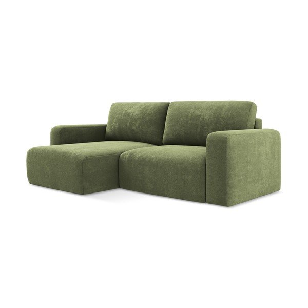 Divano angolare verde allungabile/con contenitore (con penisola a sinistra/con chaise lounge) con rivestimento in ciniglia Kona – Makamii-image-2