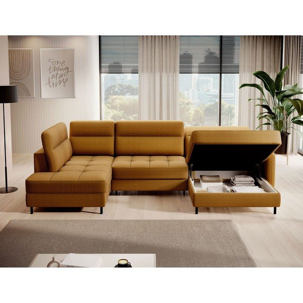 Divano angolare giallo allungabile/con contenitore (con penisola a sinistra/a U) e rivestimento in velluto Berrto – ELTAP-image-3