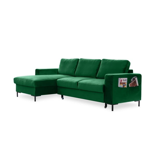 Divano letto angolare in velluto verde, angolo sinistro Lofty Lilly - Miuform