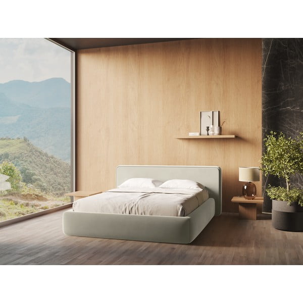 Letto matrimoniale imbottito crema con contenitore con griglia 140x200 cm Kiana - Makamii-image-1