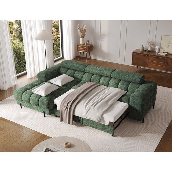 Divano angolare verde allungabile/con contenitore (con penisola a sinistra/con chaise lounge) con rivestimento in bouclé Felro – ELTAP-image-4
