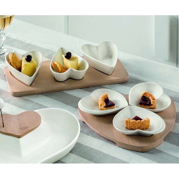 Set di 3 ciotole da portata in porcellana su vassoio in bambù Hearts - Brandani-image-1