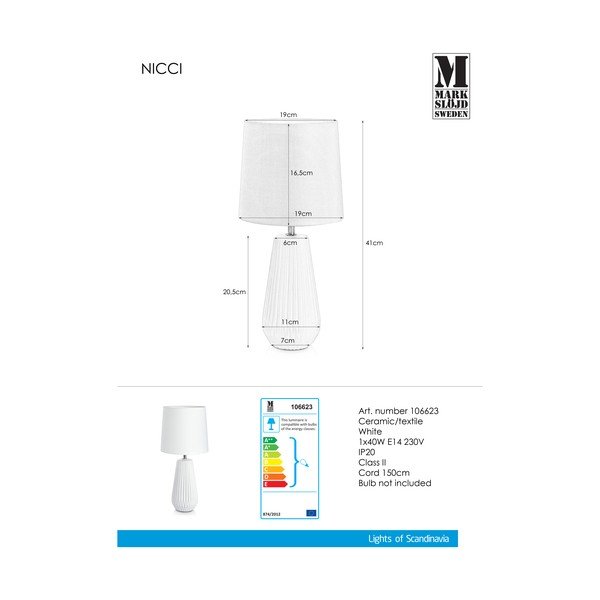 Lampada da tavolo bianca , ø 19 cm Nicci - Markslöjd-image-1