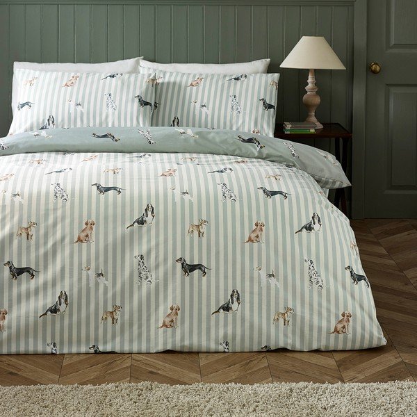 Set copripiumino e federa verde per letto singolo 135x200 cm Dog Stripe – Catherine Lansfield-image-3