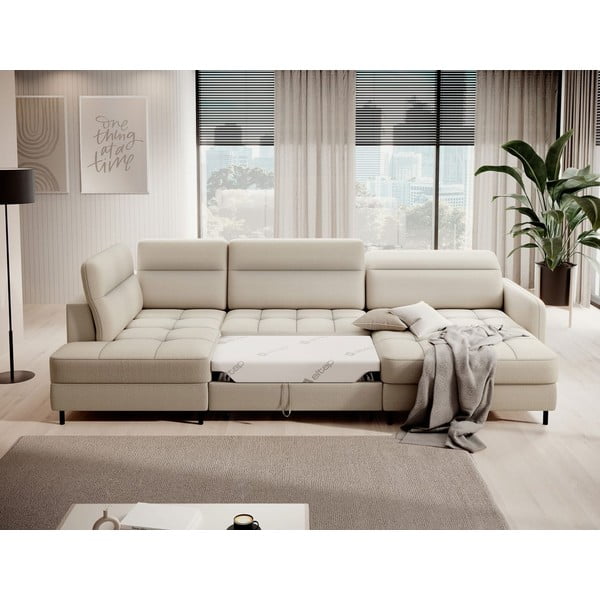 Divano angolare beige allungabile/con contenitore (con penisola a sinistra/a U) e rivestimento in velluto Berrto – ELTAP-image-4