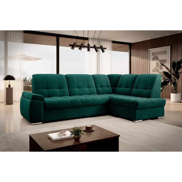 Divano angolare verde allungabile/con contenitore (con penisola a destra/a L) e rivestimento in velluto Sado – ELTAP-image-4