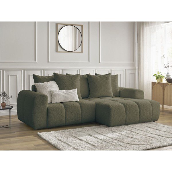 Divano angolare color kaki allungabile/con contenitore (con penisola a destra/con chaise lounge) con rivestimento in bouclé Roxelane – Bobochic Paris-image-4