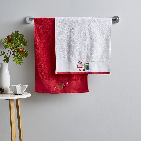 Set di 2 asciugamani in cotone bianco e rosso 40x60 cm Santa's Reindeers - Catherine Lansfield-image-1