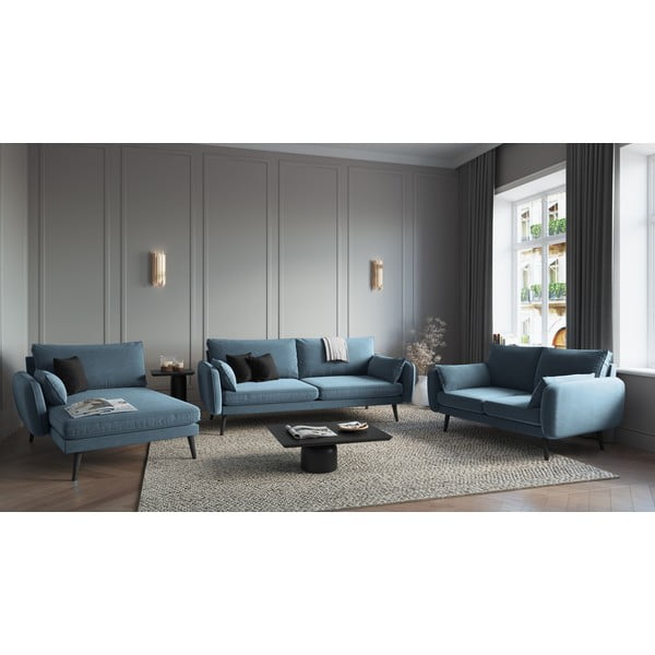 Sedia lounge in velluto azzurro con gambe nere, angolo sinistro Lento - Kooko Home-image-1