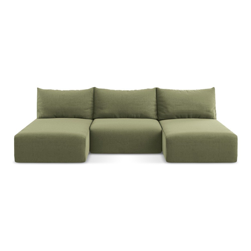 Divano angolare verde allungabile/con contenitore (a U) con rivestimento in velluto Kalena – Makamii | Divani ad angolo