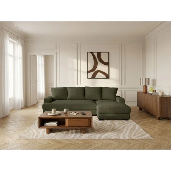 Divano angolare verde allungabile/con contenitore (con penisola a destra/con chaise lounge) con rivestimento in velluto a coste Campi – Bobochic Paris-image-1