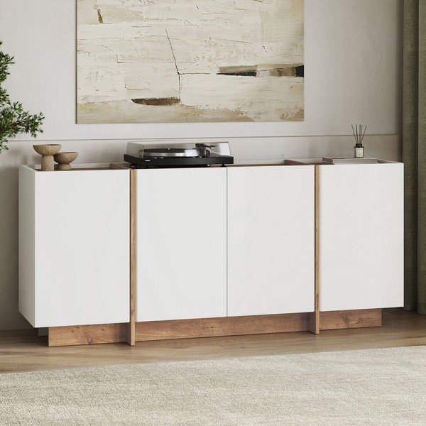 Credenza bianca con effetto pino con apertura per cavi 180x80x45 cm Dorma – Kalune Design-image-3