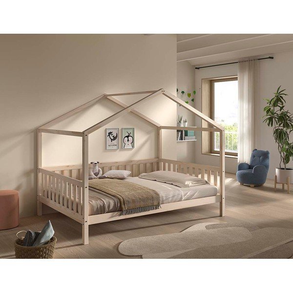 Letto da bambini a forma di casa di colore naturale in pino massiccio con rete inclusa 140x200 cm Dallas – Vipack-image-1