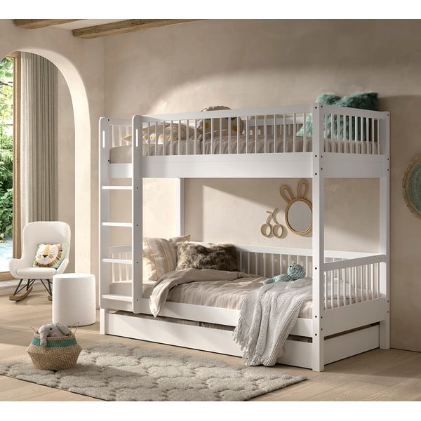 Letto da bambini a castello/estraibile bianco in faggio massiccio con contenitore con rete inclusa 90x200 cm Forrest – Vipack-image-1