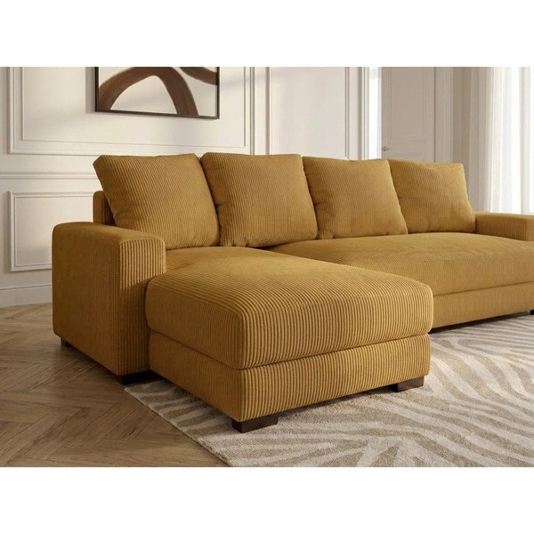 Divano angolare giallo allungabile/con contenitore (con penisola a sinistra/con chaise lounge) con rivestimento in velluto a coste Campi – Bobochic Paris-image-4
