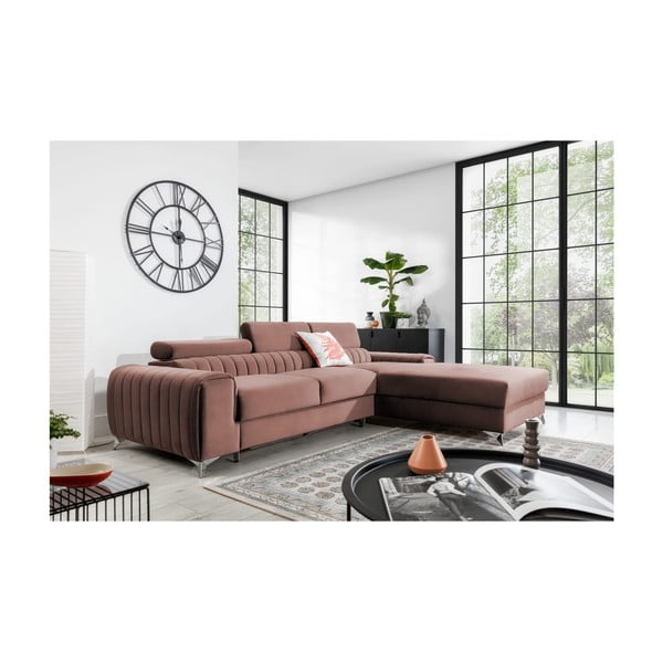 Divano angolare rosa allungabile/con contenitore (con penisola a destra/con chaise lounge) e rivestimento in velluto Grayson – ELTAP-image-1