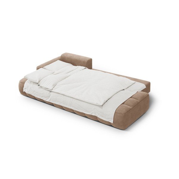 Divano angolare marrone chiaro allungabile/con contenitore (con penisola a sinistra/con chaise lounge) con rivestimento in velluto Linz – Cosmopolitan Design-image-4