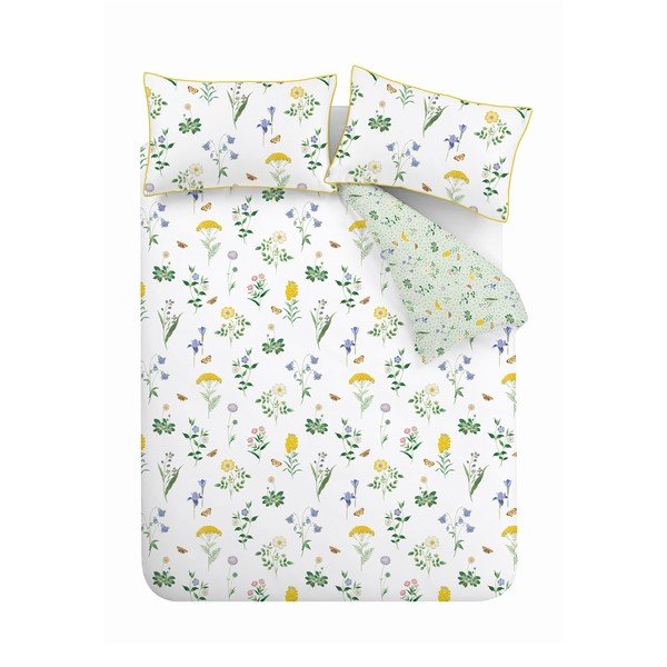 Biancheria da letto bianca/verde in cotone per letto matrimoniale/per letto esteso 230x220 cm Botanical Cottage Garden  – RHS
