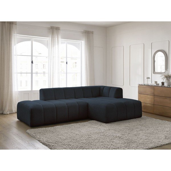 Divano angolare blu scuro (penisola a destra/chaise lounge) con rivestimento in bouclé Annecy – Bobochic Paris-image-1