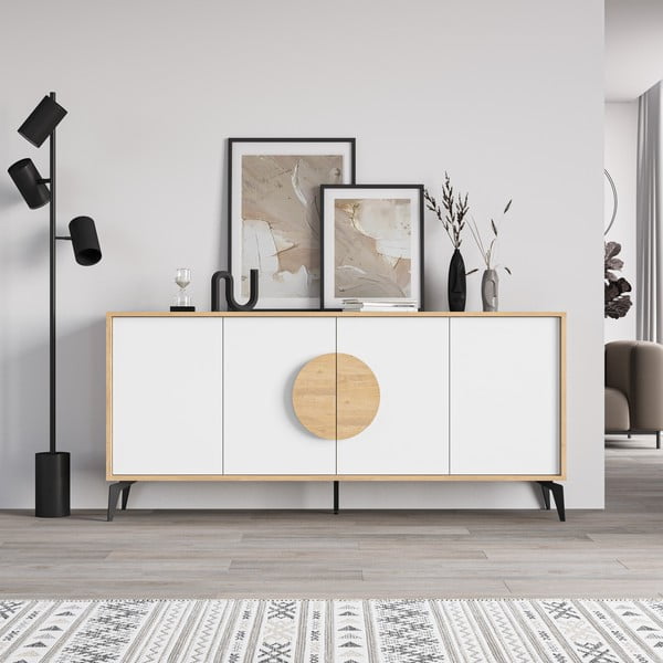 Cassettiera bassa in rovere decorata in bianco e naturale 180x82 cm Vae - Marckeric-image-3