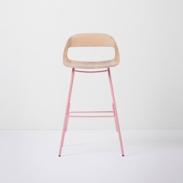Sgabello da bar con seduta in rovere massiccio e gambe rosa , altezza 84 cm Leina - Gazzda-image-2