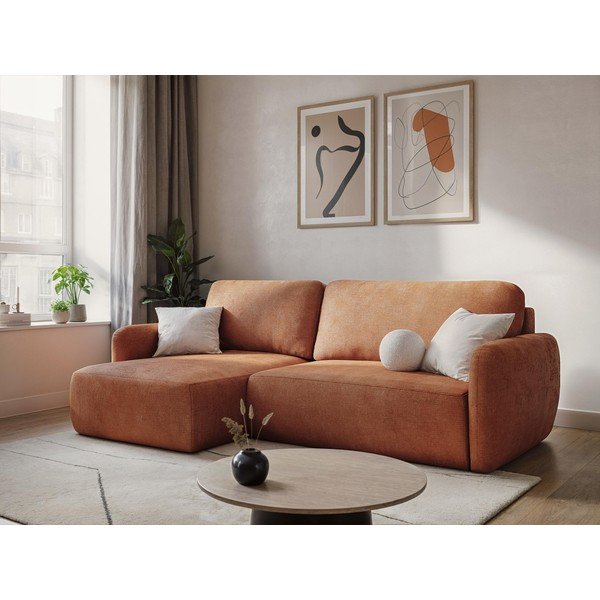 Divano angolare color terracotta allungabile/con contenitore (a U) con rivestimento in ciniglia Lilo – Makamii-image-1
