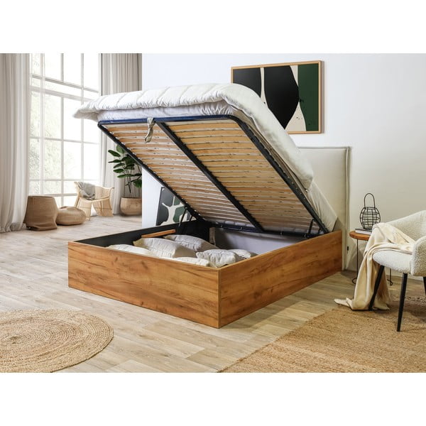 Letto matrimoniale beige-naturale con contenitore con griglia 140x190 cm Cara - Bobochic Paris-image-4