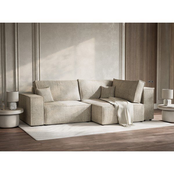 Divano angolare beige allungabile/con contenitore (con penisola a destra/a L) con rivestimento in ciniglia Tonga – Maison de Rêve-image-4