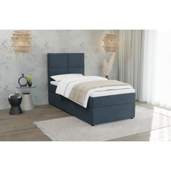 Letto singolo imbottito con contenitore blu scuro con materasso e topper inclusi 80x200 cm Lena – Ropez-image-1