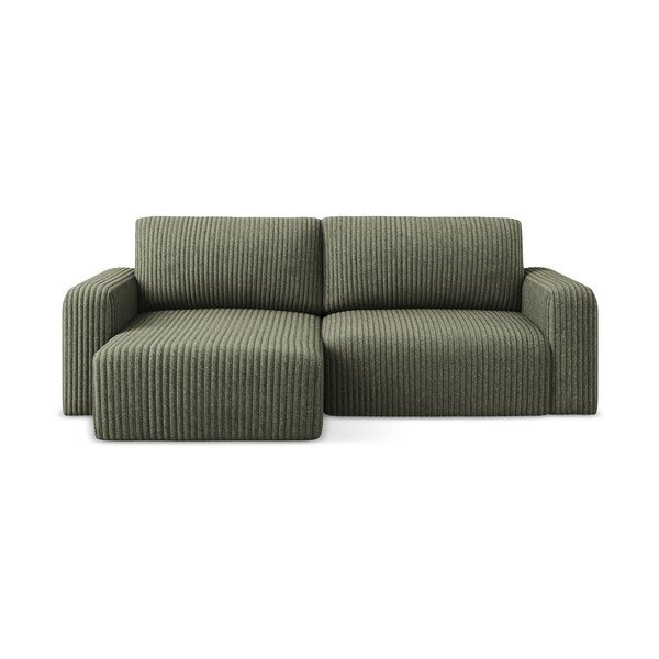 Divano angolare verde allungabile/con contenitore (con penisola a sinistra/con chaise lounge) con rivestimento in velluto a coste Kona – Makamii