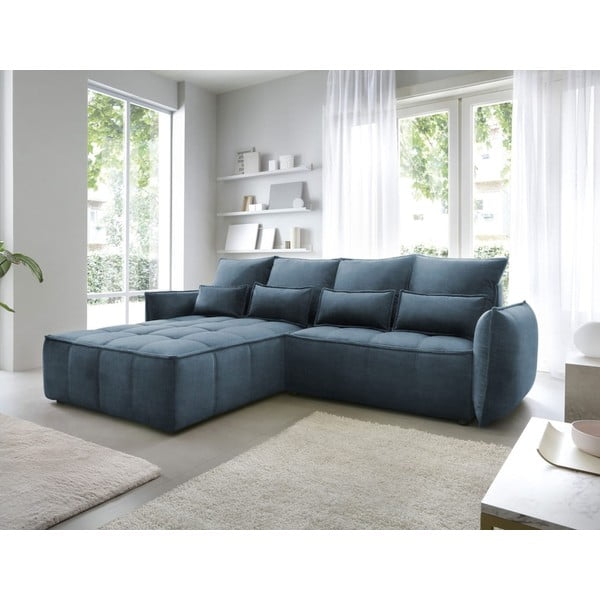 Divano angolare blu allungabile/con contenitore (con penisola a sinistra/con chaise lounge) e rivestimento in velluto Campo – ELTAP-image-1