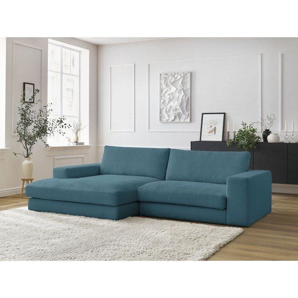 Divano angolare blu (penisola a sinistra/chaise lounge) con rivestimento in velluto a coste Leonard – Bobochic Paris-image-1