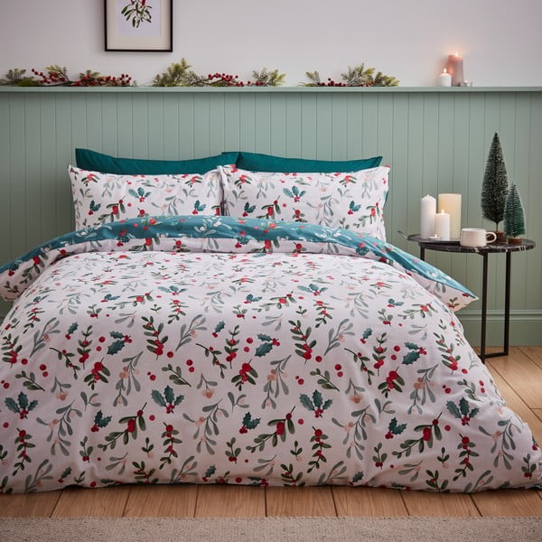 Set copripiumino e federa bianco e verde in flanella per letto matrimoniale e per letto esteso 230x220 cm Holly and Mistletoe – Catherine Lansfield-image-1