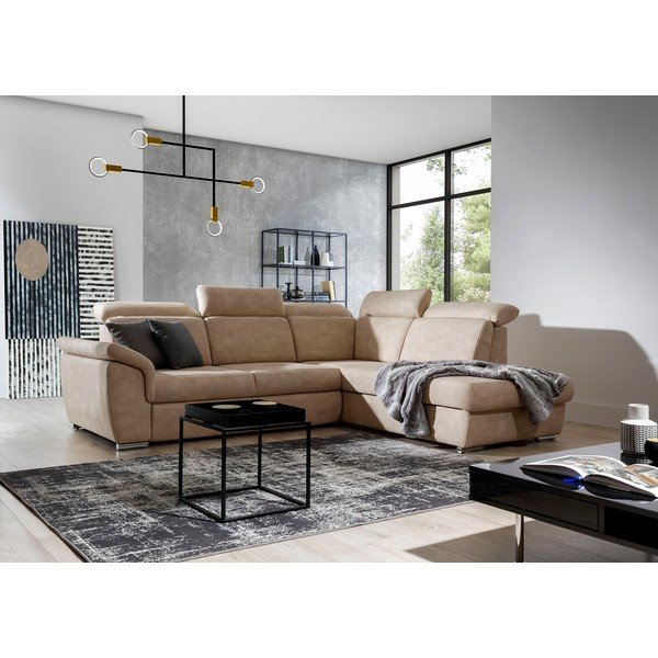 Divano angolare beige allungabile/con contenitore (con penisola a destra/a L) e rivestimento in velluto Loreto – ELTAP-image-2