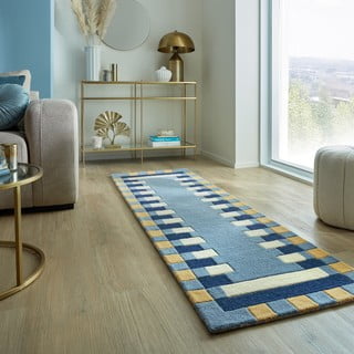 Passatoia blu in lana tessuta a mano 60x230 cm Kai Wool Border - Flair Rugs