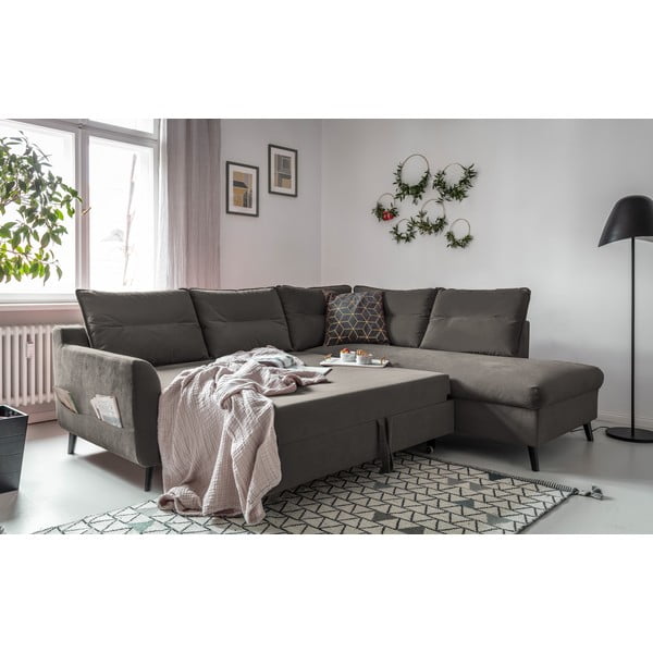 Divano letto angolare in velluto grigio scuro L, angolo destro Stylish Stan - Miuform-image-4