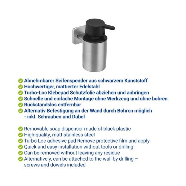 Dispenser per sapone senza foratura color argento opaco in acciaio inox con aggancio Turbo-loc Porto – Wenko-image-2