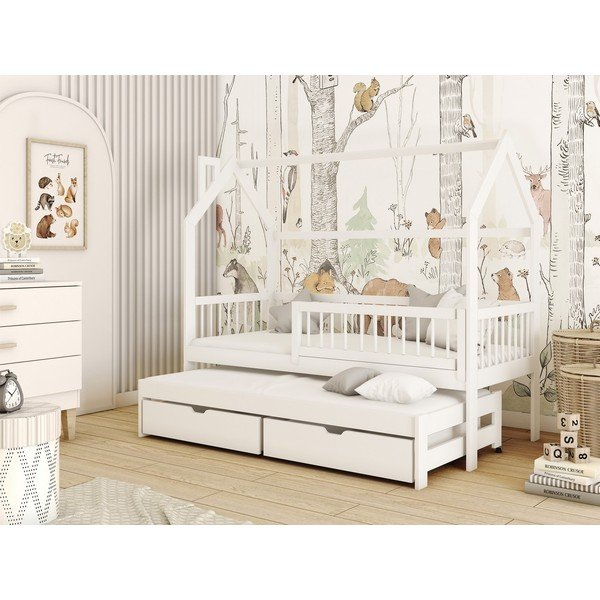 Letto per bambini in legno di pino bianco con letto estraibile e contenitore 90x200 cm Papi - Lano Meble-image-1