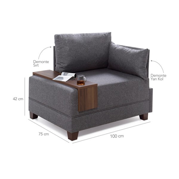 Poltrona grigia con bracciolo sul lato destro e pannello portaoggetti Martha Fly - Balcab Home-image-1