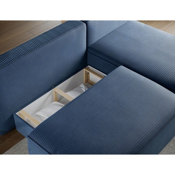 Divano angolare blu scuro allungabile/con contenitore (con penisola a destra/con chaise lounge) con rivestimento in velluto a coste Livosa – ELTAP-image-3