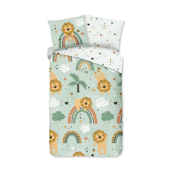 Set copripiumino e federa da bambini verde in cotone per letto singolo ed esteso 140x220 cm Lions – Good Morning